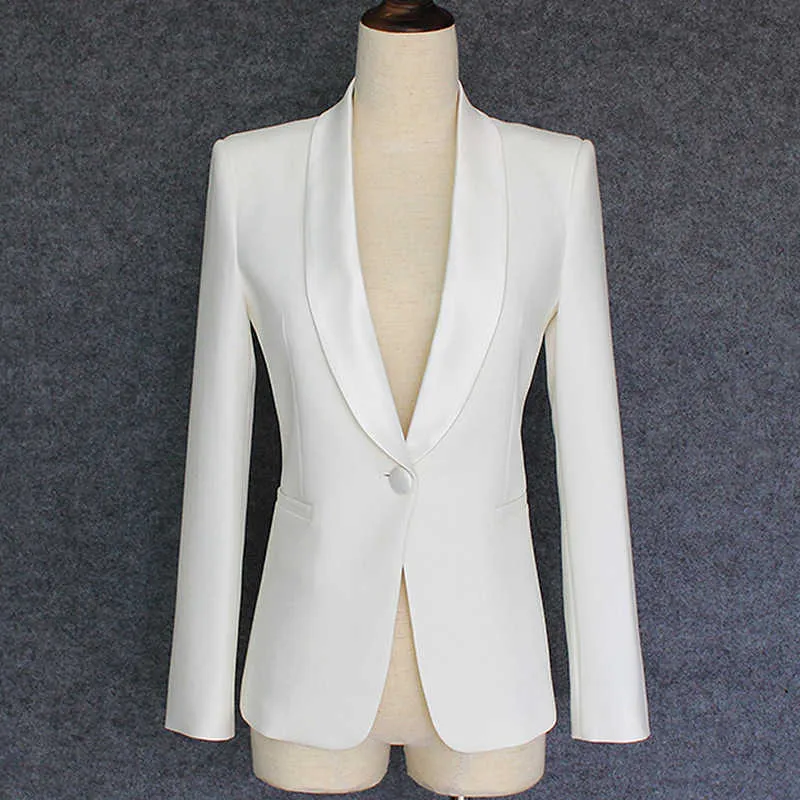 Haute qualité automne nouveau noir blanc bouton unique Satin Blazer bureau vêtements d'extérieur formels manteau dames femmes Blazer X0721