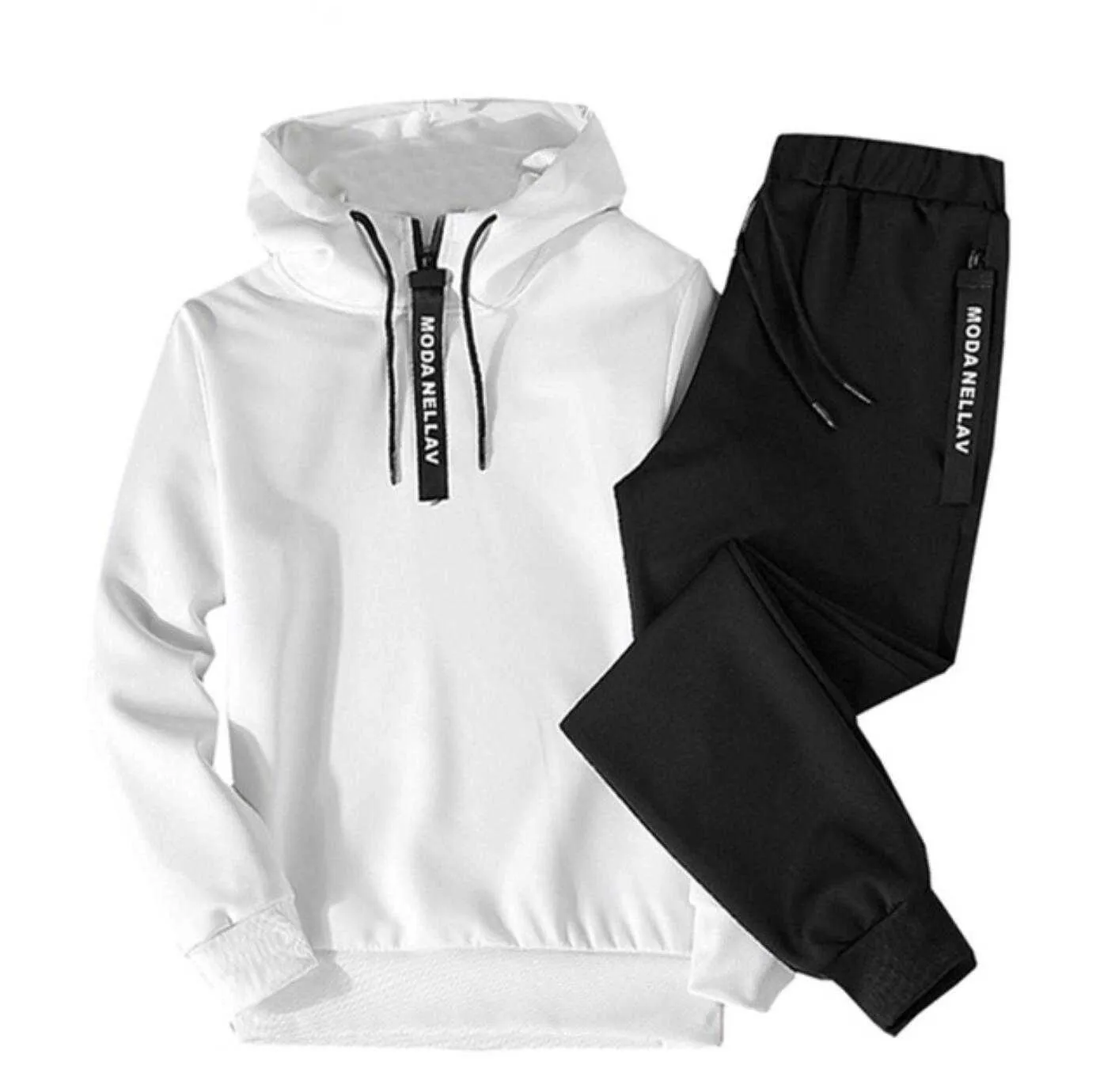 Conjuntos de roupas esportivas masculinas de cor sólida Patchwork Zipper Tracuit Homens Primavera Casual Moletom com capuz Hoodies 2PC + Calças Jogging_voghion.com