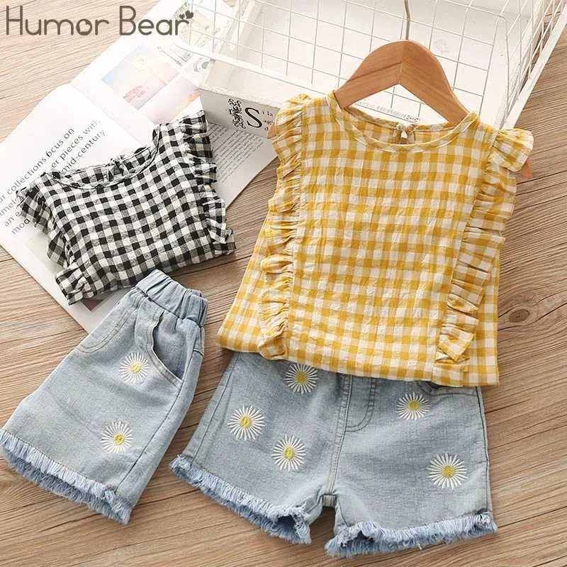 Humour Bear Bear Girls Vêtements d'été Neuf Enfants Dentelle Stripe Girl Tops + Denim Pantalon 2pcs Set Ensemble de vêtements pour bébé X0902