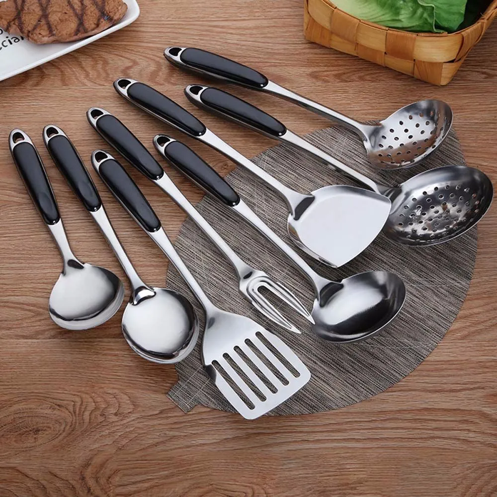 Wooden Handle Stainless Steel Cooking Tool Set with Frying Shovel, Soup ...
