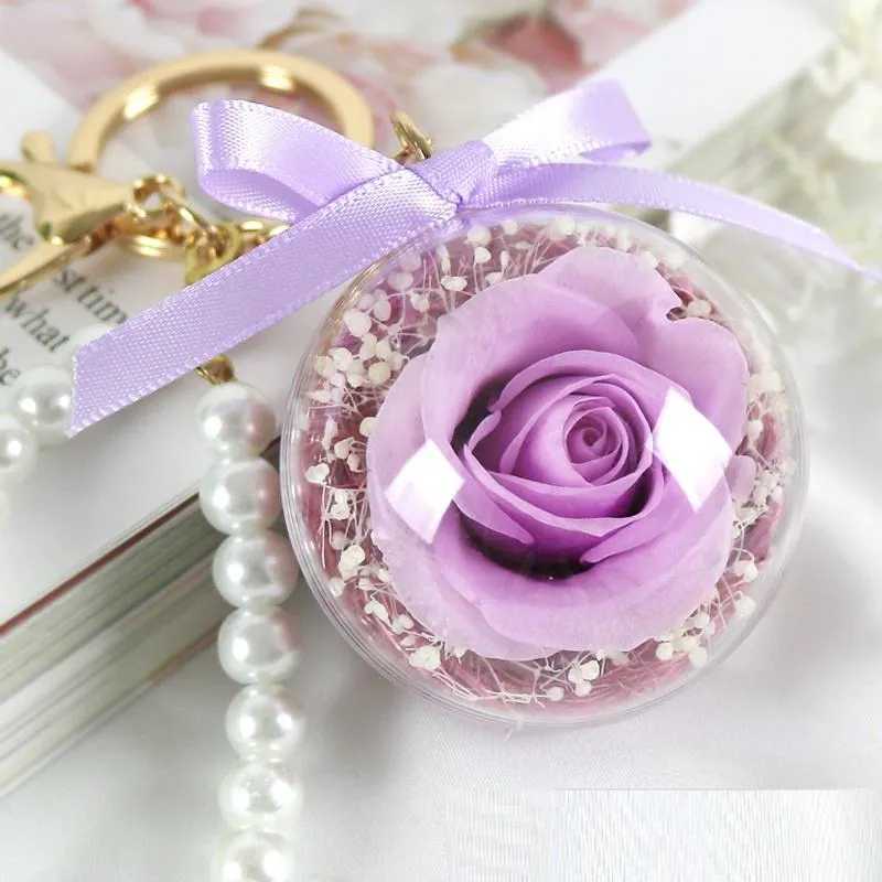 Eternal Flower Keychain Clear Acrylic Ball Transparent Sphere 5CM Rose Key Ring Valentines Gift Wedding Favors