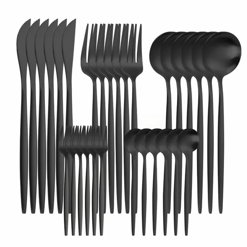 30 Pcs Noir Mat Couverts Vaisselle Cuisine Fourchettes Cuillères Couteaux Dîner En Acier Inoxydable Or Couverts Vaisselle 6 ensembles 211108