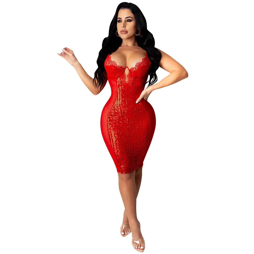 Mulheres Sexy Party Mini Vestidos Lace Malha Sparkle Sequin Retalhos Slim v Neck Sem Mangas Backless Vestidos