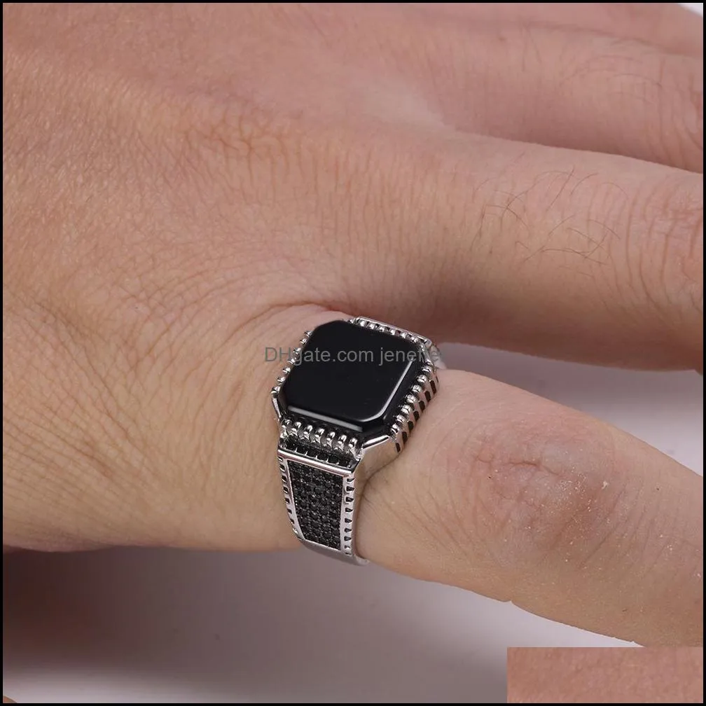 Genuine Solid 925 Sterling Silver Turkish Rings For Men Black Rings With Stone Square Natural Onyx Vintage Male Jewelry Anelli Y1119