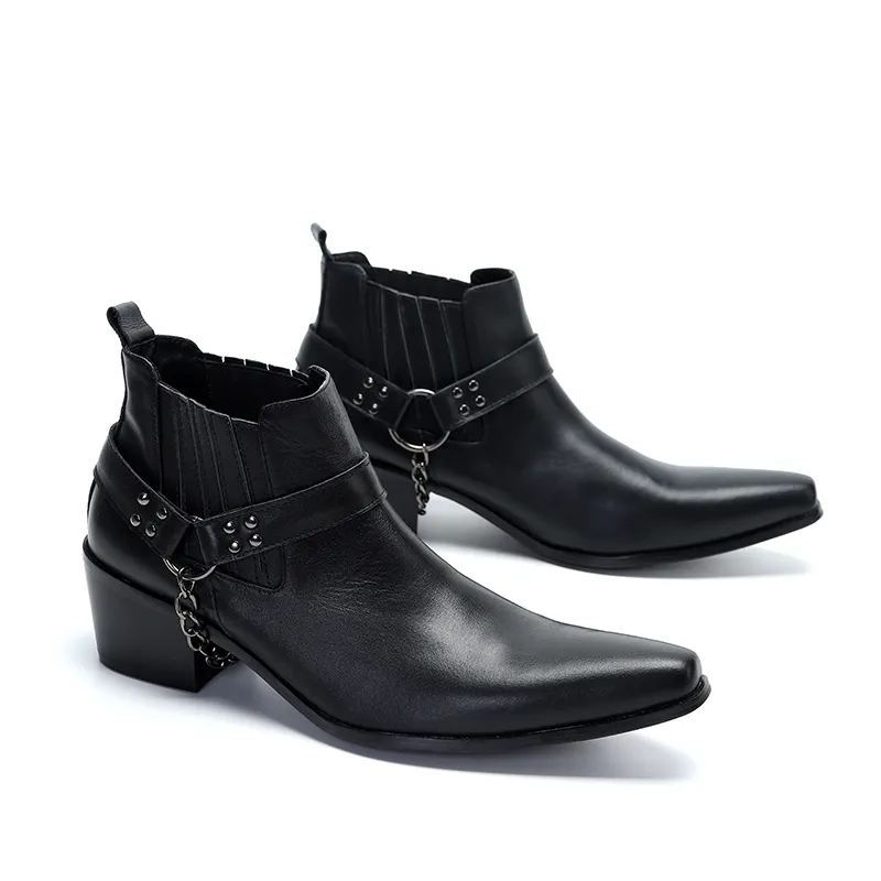 أزياء فاخرة عالية الكعب رجال تشيلسي أحذية حقيقية جلد أسود إيطالي فستان منصات الأحذية المدببة بأحذية رعاة البقر