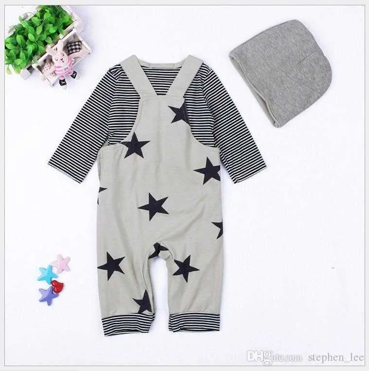 Three-Pieces Set Baby Boys Autumn Clothing Sets Infant Long Sleeve Striped T-shirt+Stars Printing Suspender Rompers Pants+Hats Toddler Suit