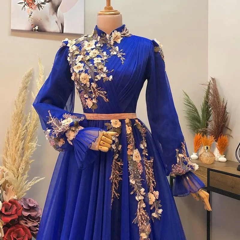 Robes de soirée musulmanes bleu royal 2022 appliques perlées froncées robe formelle col haut manches longues arabe Dubaï occasion spéciale P289n