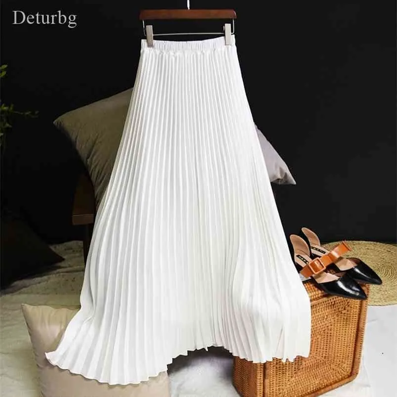 Женская мода плиссированная MIDI длинная юбка женская корейская японская повседневная высокая талия юбки Jupe Faldas 10 цветов весна SK295 210730