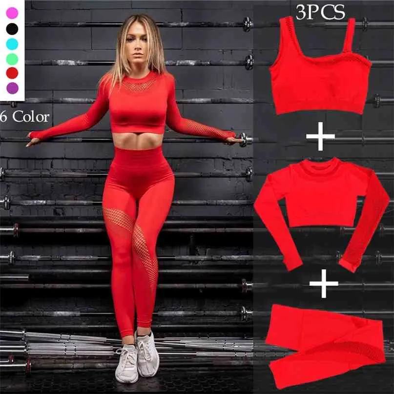 Seamless Yoga Set Sport Outfits Women 2pcs Two Piece Hollow Long Sleeve Crop top Leggings Workout Wear Gym Suit Fitness Sets 210813