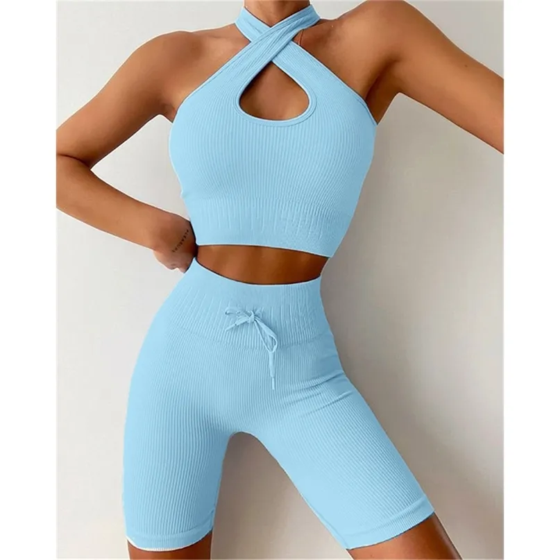 Seamless Sport Set Women Two Piece 2pcs Crop Top Bra Shorts Workout Outfit Fitness Wear Sexig Gym Suit Kvinna Yoga Ställer Kläder 210813