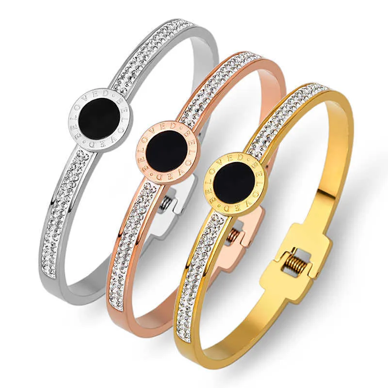 Luxuxy merk zwart emaille volledige kristallen armbanden armbanden voor vrouwen sieraden roestvrijstalen letter armbanden goud bijoux Q0717