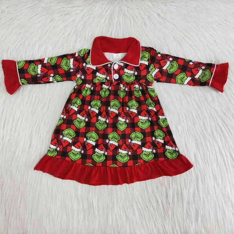 Cute cartoon girls sleepwear children Christmas kids girl gown lapel button nightdress hot selling kids clothes G1215