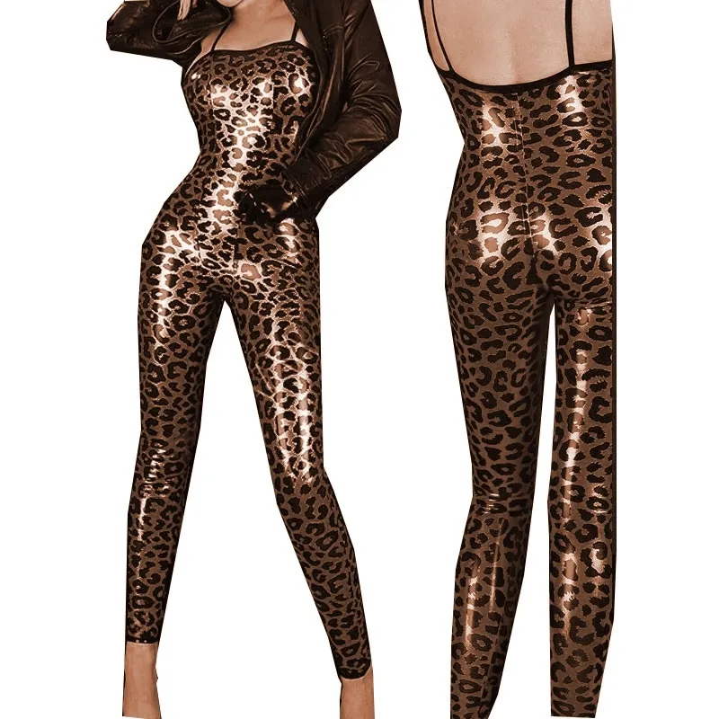 4 Farben dünner trägerloser Leopardenmuster-Overall Frauen Spaghettibügel Catsuit Sexy rückenfreier Strampler Nachtparty Cosplay Clubwear 210317