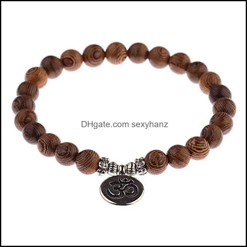 Ethnic Buddhism Lotus Pendant Bracelet Homme Women`s Chakra Wood Beaded Drop Beaded, Strands