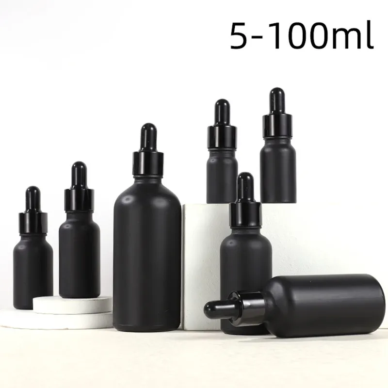 Emballage 5 ml 10 ml 15 ml 20 ml 30 ml 50 ml 100 ml flacons compte-gouttes en verre noir mat épais contenant de cosmétiques essence avec bouchon noir