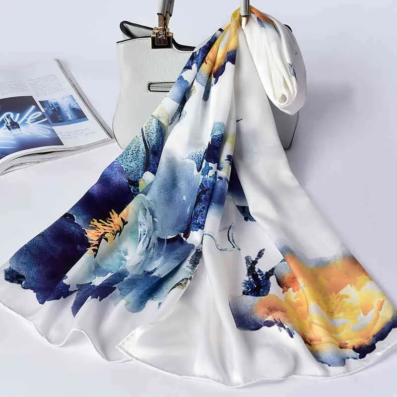 100% Scarf For Women Long Print Luxury Natural Shawls Wraps Blue Floral Summer Ladies Neckscarf Pure Real Silk Scarves
