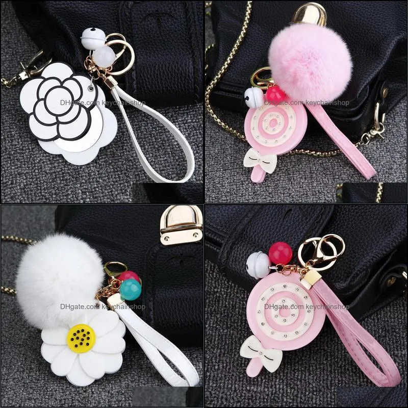 Cute plush ball ice cream key ring flower mirror keychain female bag pendant girl personality pendant charm jewelry key chain