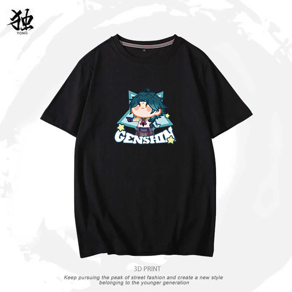 Anime spel Genshin Impact Short-Sleeved T-shirt Klee Keqing Ganyu Paimon Xiao Impression Två yuan cosplay smärta kläder y0901