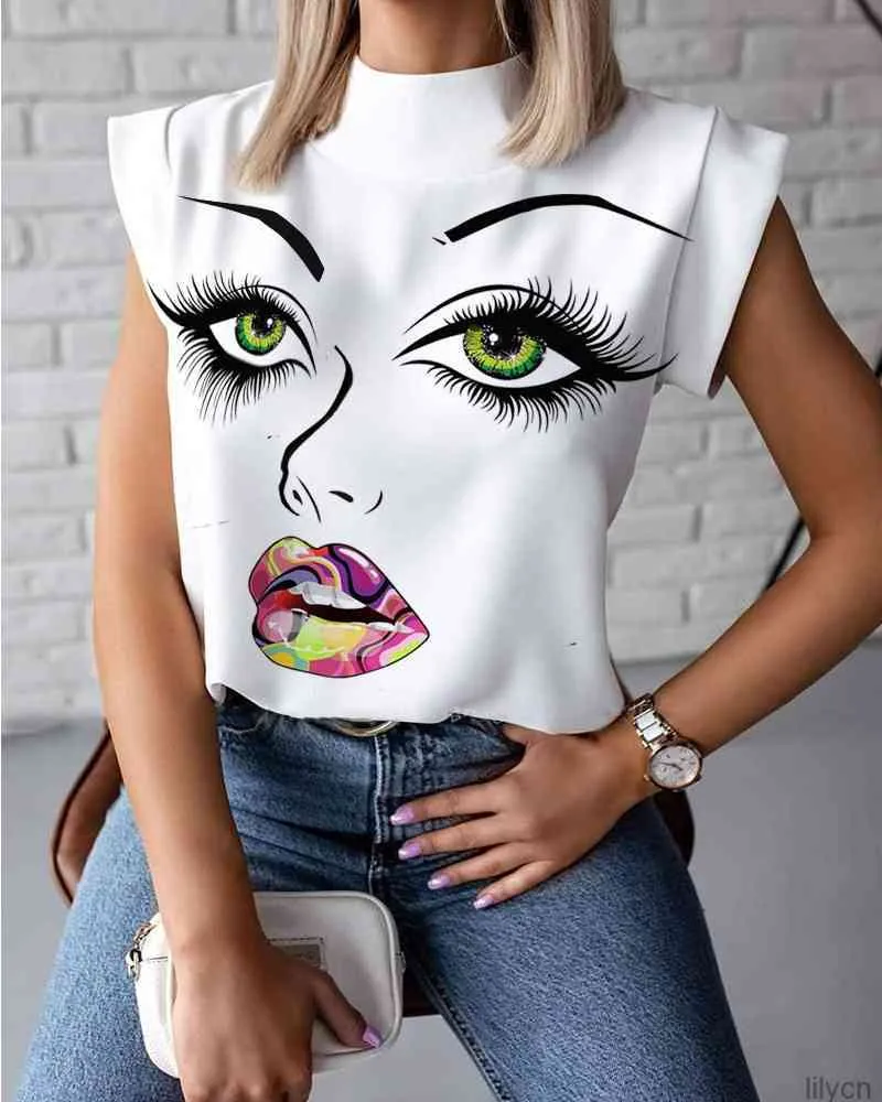 Sexy dames zomer t-shirt stand kraag lippen bedrukte tops tees mouwloze dames acetaat maat blouses women vrouw kleren