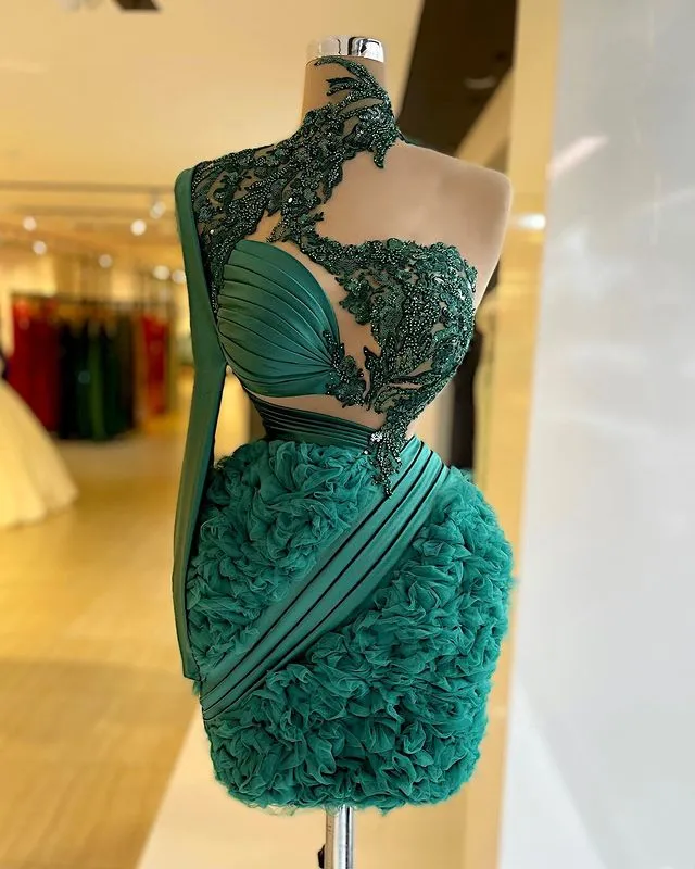 2022 Plus Storlek Arabisk Aso Ebi Hunter Green Luxurious Prom Klänningar Lace Beaded Short Evening Formell Party Andra Receptionen Cocktail Födelsedagklänningar Klänning ZJ320