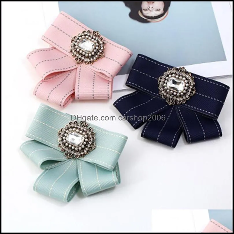 Pins, Brooches Women Girl Neck Bow Tie Knot Shirt Pins Fall Vintage Solid Striped Rhinestone Fabric Accessories Fashion Jewelry-MYD-W8