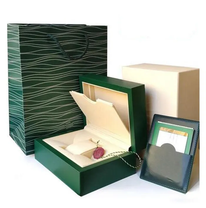 Fornitore di fabbrica Marchio di lusso Verde con custodie per orologi in legno originali Scatole Carte Portafogli Scatole Custodie Orologi da polso Orologi Rolex Borsa regalo Rolexables