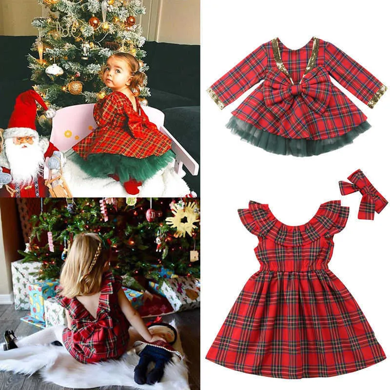 Natal bonito bebê menina bebê meninas vestido festa 1-6y luva longa babados xadrez joelho-comprimento uma linha vestido vermelho outono roupas q0716