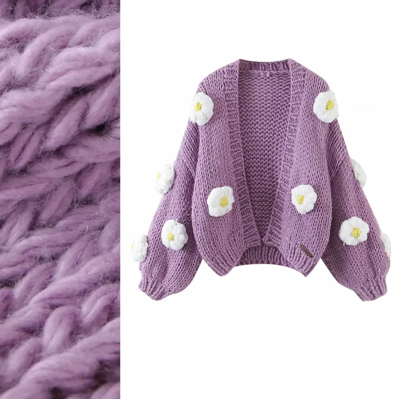 Nouveau design femmes mode luxe tricoté à la main crochet 3D motif de fleurs laine grossière tricoté court lâche pull cardigan manteau