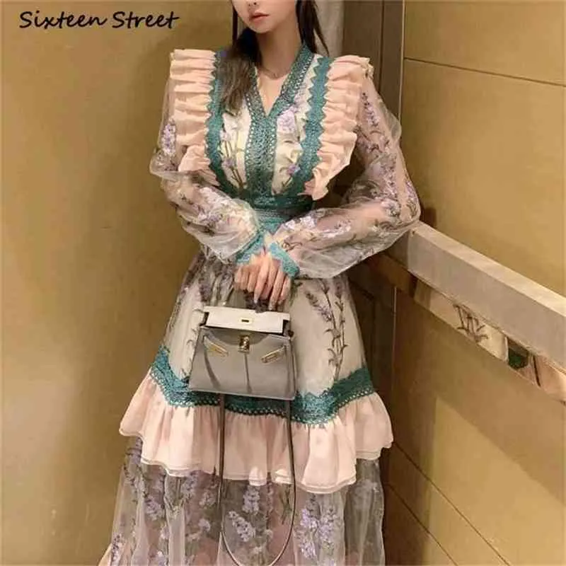 Fashion Vintage Embroidery Dress Female V-neck Long Sleeve High Waist Bodycon Green Mesh Patchwork Elegant Dresses Woman 210603