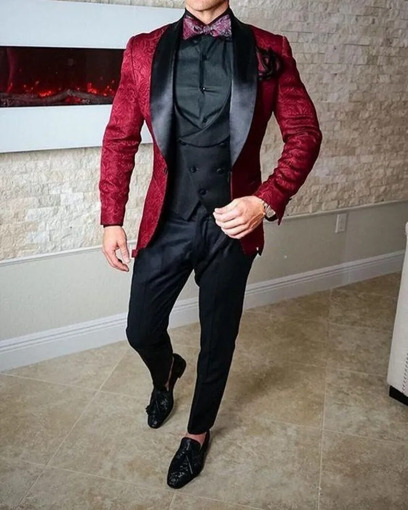 Slim Pasuje Burgundia Paisley Ślub Groom Tuxedos Shawl Lapel Mężczyźni Garnitury Biznesowe Prom Blazer Płaszcz (Kurtka + Spodnie + Kamizelka + Kierunek) No: 2159