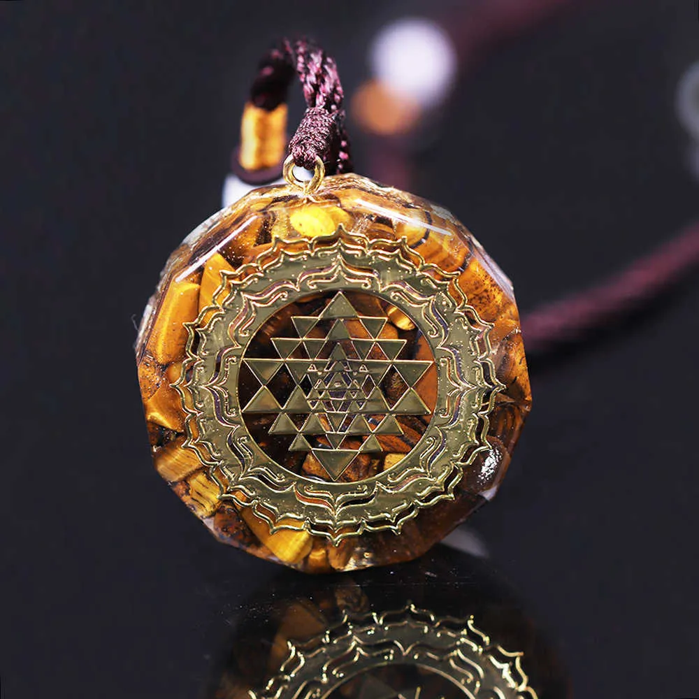 Pendentif Orgonite Collier Sri Yantra Collier Oeil de Tigre Géométrie Sacrée Énergie Guérison Yoga Bijoux X0707