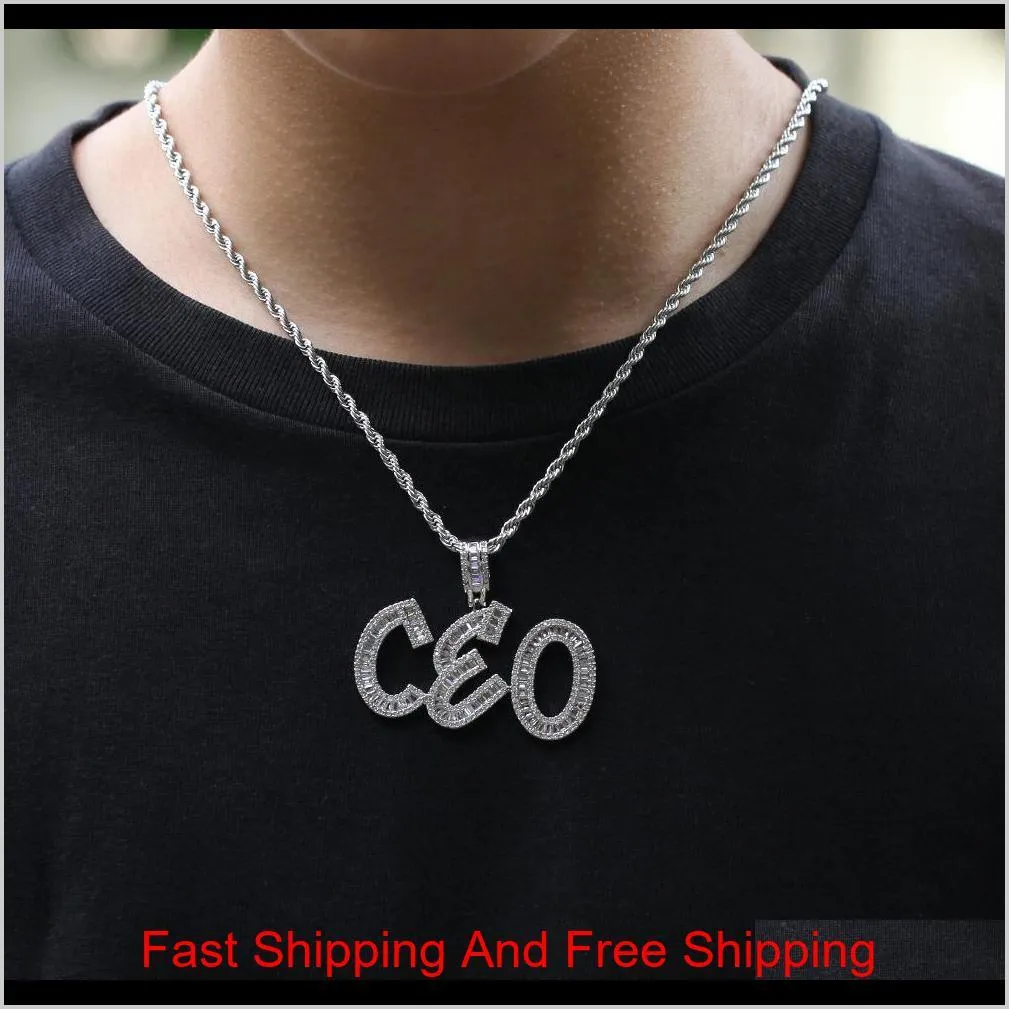hip hop custom name baguette letters pendant necklace with rope chain gold silver bling zirconia men pendant jewelry