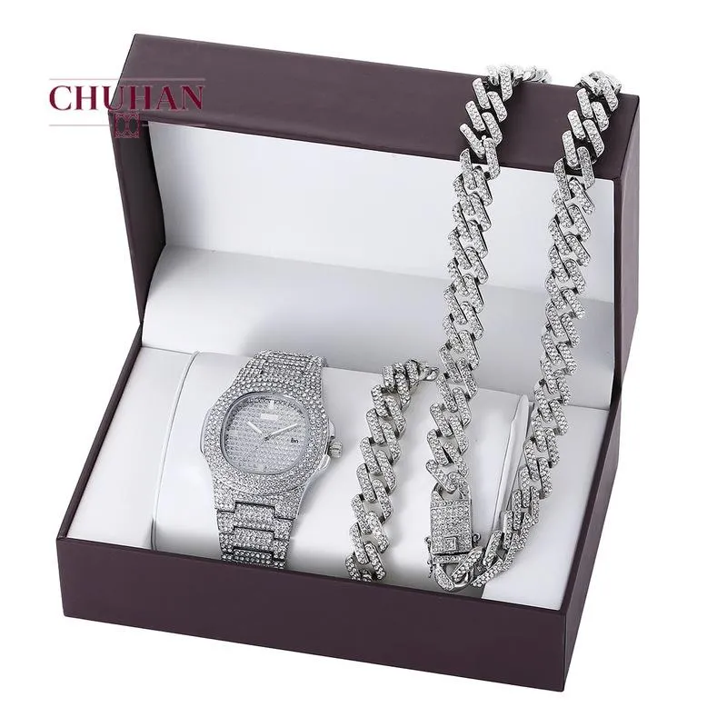 Смотреть Chuhan 3pcs/Set Hip Hop Cuba Chains Iced Out Set Set модные роскошные алмазные стальные ленты Quartz Watch   Браслет J491