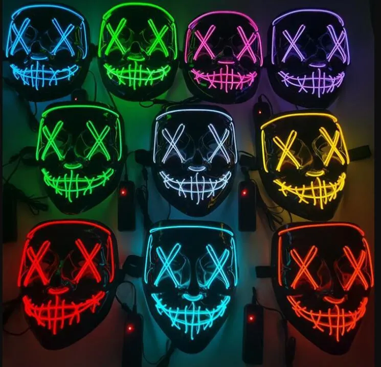 10 kolorów Maska Halloween LED Light Up Funny Maski Purge Rok wyborów Świetny Festiwal Cosplay Costume Materiały Party Maska