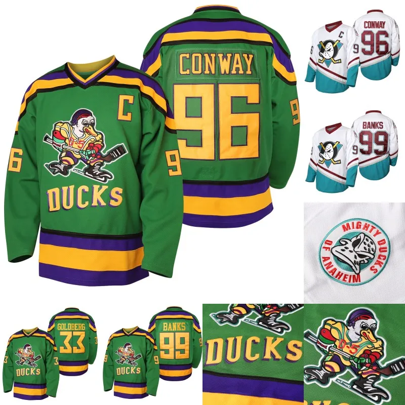 Mens Mighty Duckss Jersey 33 Greg Goldberg 96 Charlie Conway 99 Adam Banks قام بخياطة الهوكي الجليد في الأسهم شحن S-XXXL