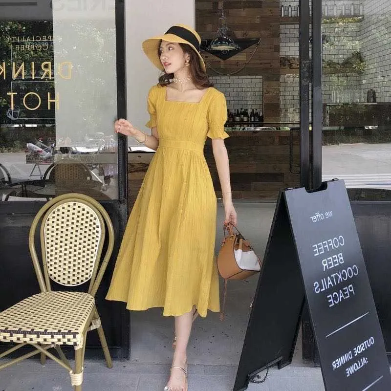 Kobiety Square Neck Francuski Vintage Summer DR2021 Proste Casual Midi Black A-Line Drparty Eleganckie Damskie Dresses Vestido X0529