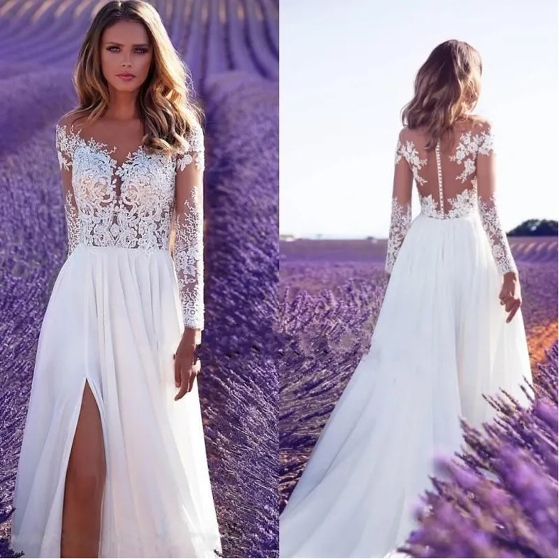 Hoge Split Kant Chiffon Toga Trouwjurk Transparante Lange Mouw Illusie Sexy Bridal Jurken Formele Beach Garden Custom Made Robe de Mariée