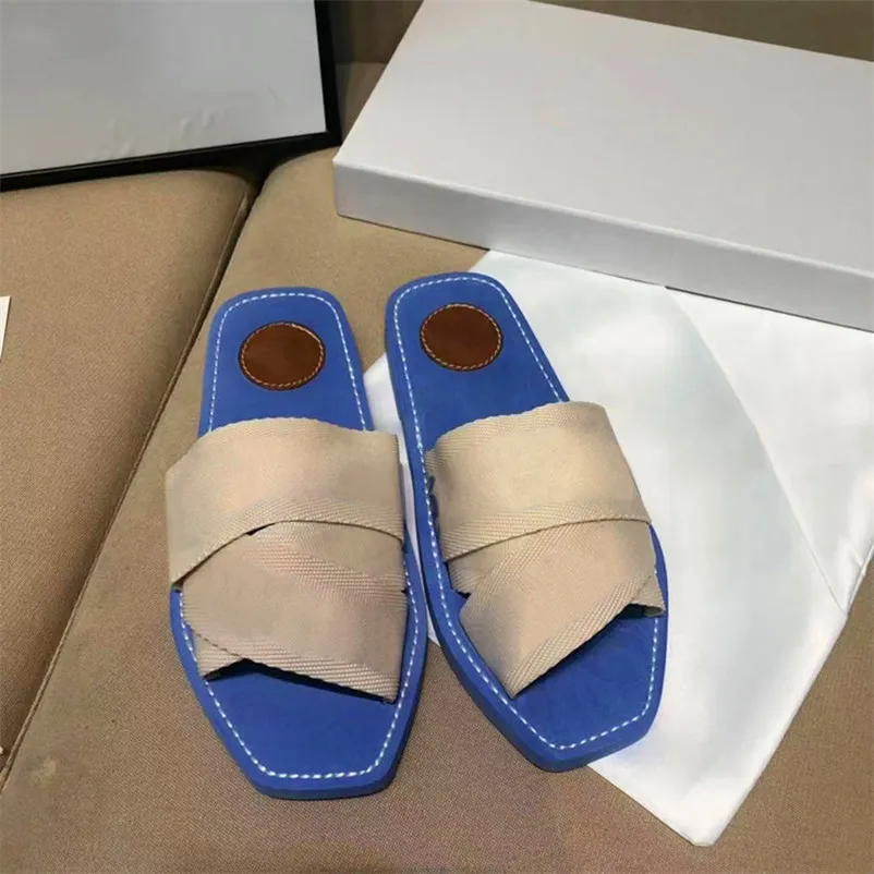 2021 Designer Women Woody Mules Slippers Canvas Cross Woven Sandals Summer Outdoor Peep Toe Casual Slipper Letter Stylist Shoes With Box Szie35-42