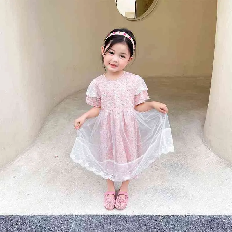 Menoea Baby Girls Princess Dresses 2022 New Summer Floral Lace Short Sleeve Dress Kids Toddler Patchwork Costumes Korean Clothes G1215