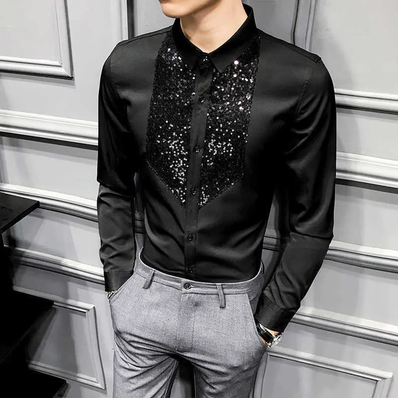 Paillettes Tuxedo Chemises Hommes À Manches Longues Camisa Masculina Noir Blanc Casual Slim Fit Hommes Robe Chemises Streetwear Social Tops 210527