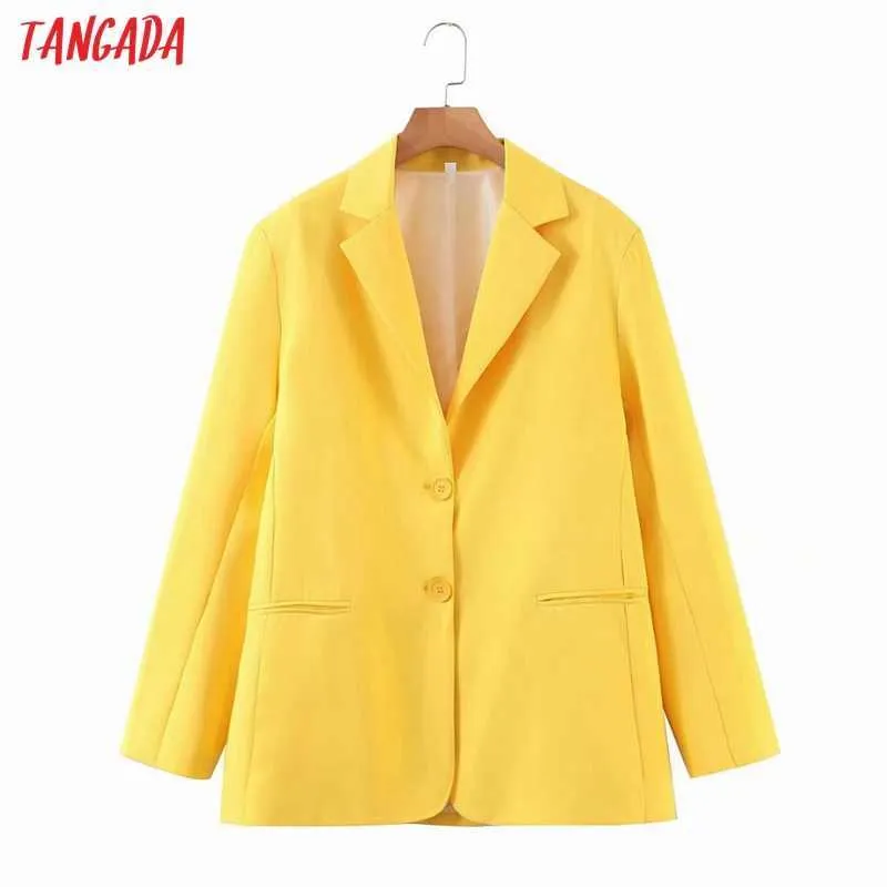 Tangada Vrouwen Effen Geel Blazer Jas Vintage Gekleed Kraag Pocket Mode Vrouwelijke Casual Tops 3Z62 210609