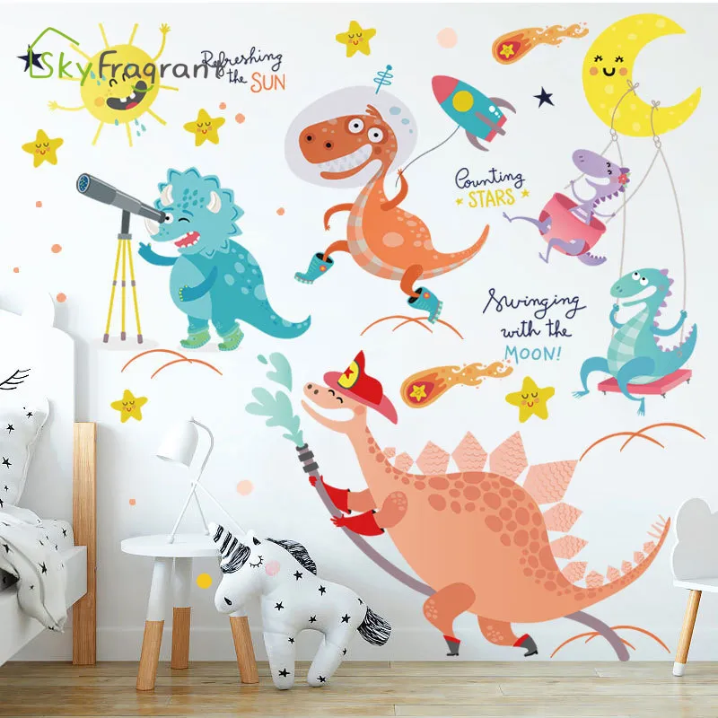 Dinossauro dos desenhos animados adesivo de parede bonito padrão animal auto-adesivo adesivos crianças quarto decoração meninos quarto decoração de parede decoração home 210308