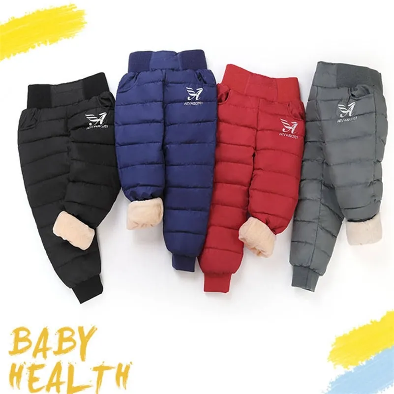 New Arrival Children Winter High Waist Down Pants Kids Waterproof Trousers Warm Windproof Leggings for Baby Boys Girls Clothes 210306