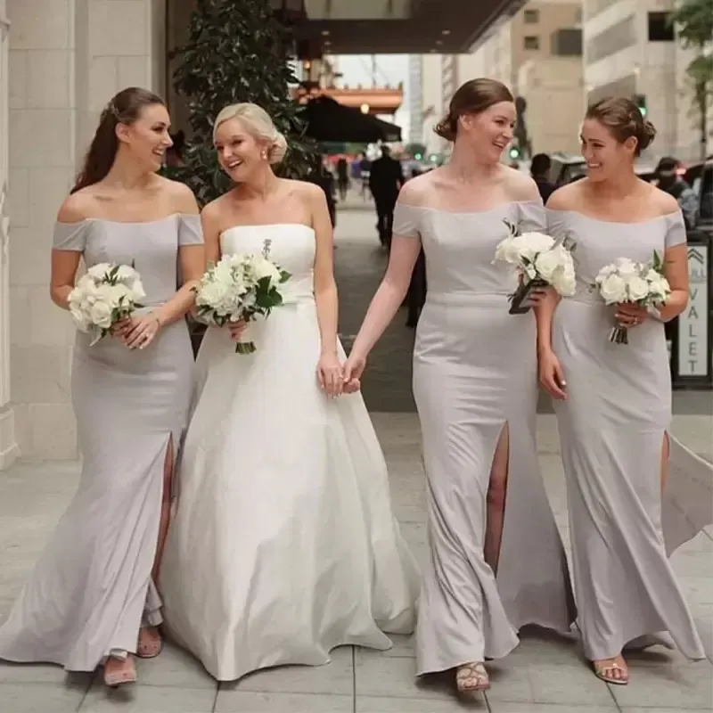 Robes de demoiselle d'honneur gris clair gaine longueur de plancher fente latérale plus la taille robe de demoiselle d'honneur hors de l'épaule sur mesure pays mariage invité fête tenue de soirée M96