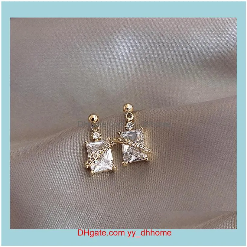 Korea Selling Fashion Jewelry Exquisite Small Copper Inlay Zircon Square Earrings Daily Wild Women`s Stud