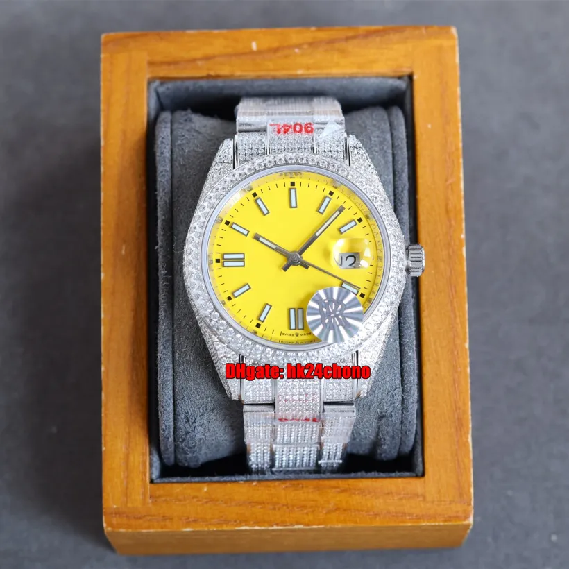 7 estilo RRF relógios de luxo 126300 41mm gelado fora diamantes completos eta2824 relógio automático relógio amarelo dial 904L aço inoxidável bracelete bracelete pulseira relógios de pulso