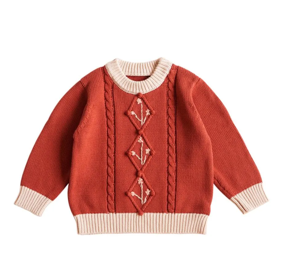 Ins Baby Girl Vêtements Treat en tricoté Pull de conception de fleur de couleur solide à manches longues à manches longues 100% coton Vêtements chauds d'hiver