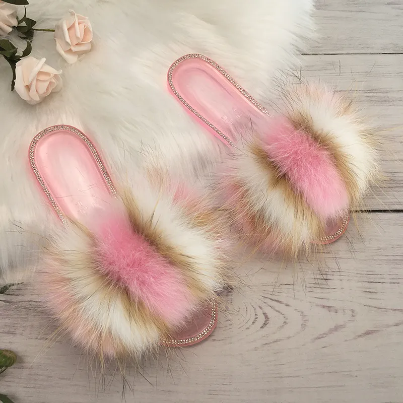 Fluffy tofflor Kvinnor Real Fur Slides Home Summer Crystal Rhinestones Skor för flip-flops med gelé sandaler 0227