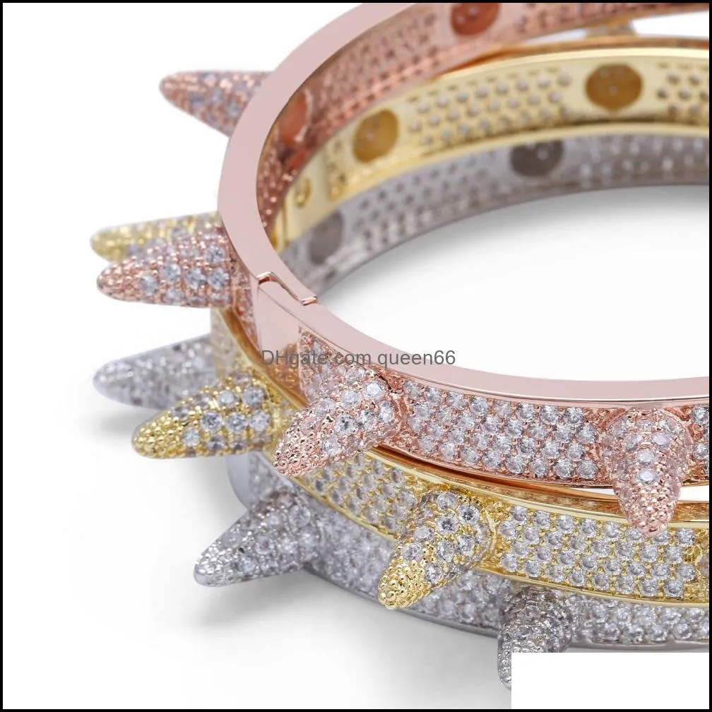 Luxury Iced Out Bling Cubic Zircon Hip Hop Rose Gold Silver Color Rivet Bracelets Spike Bangles Gifts for Men Women