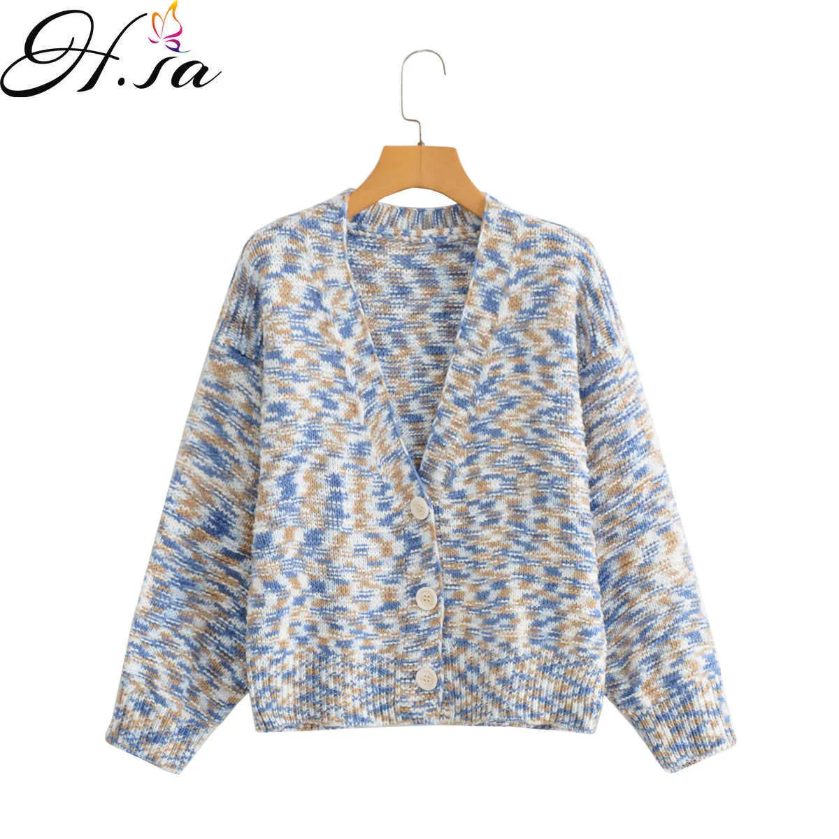 HSA Winter Fall European och American Summer Wind Kvinnors V-Neck Strikkad Cardigan Blandat Garntröja 9732 210716